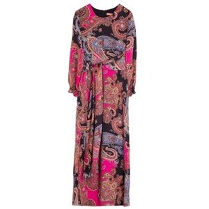 Vilagallo Pink Paisley Long Sleeve Midi Dress with wrap detail with pockets